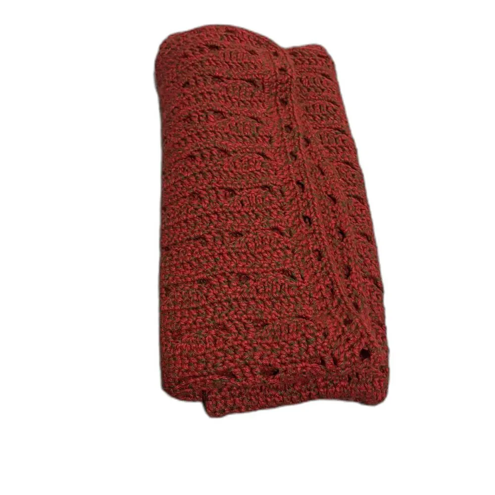Vtg Christmas Afghan Red hint of Green Handmade open lacy stitch 59 x 43 inches